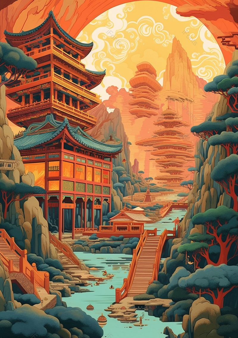 古风中国特色建筑山水插画,插画/手绘图,插画/手绘图库,插画/手绘图下载,插画/手绘